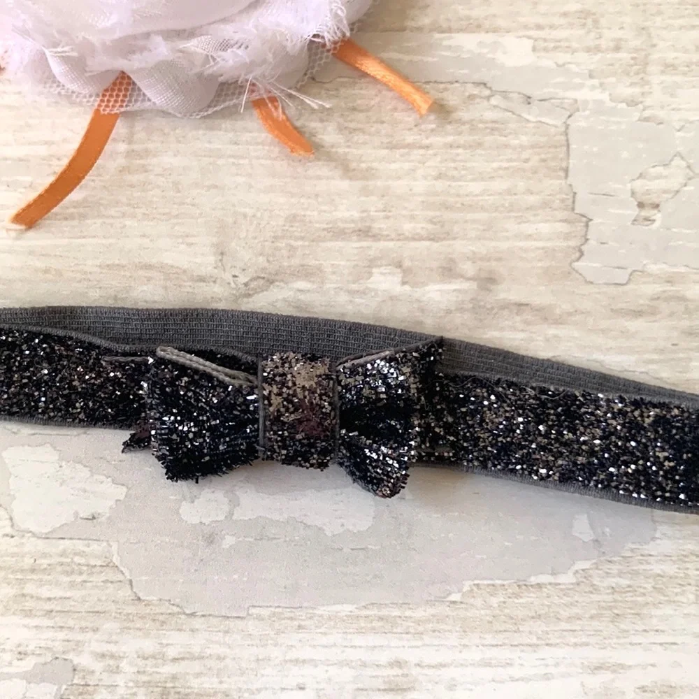 Baby Girl Headband Flower Bow Peach Gold Heart Print & Black Glitter Set of 2